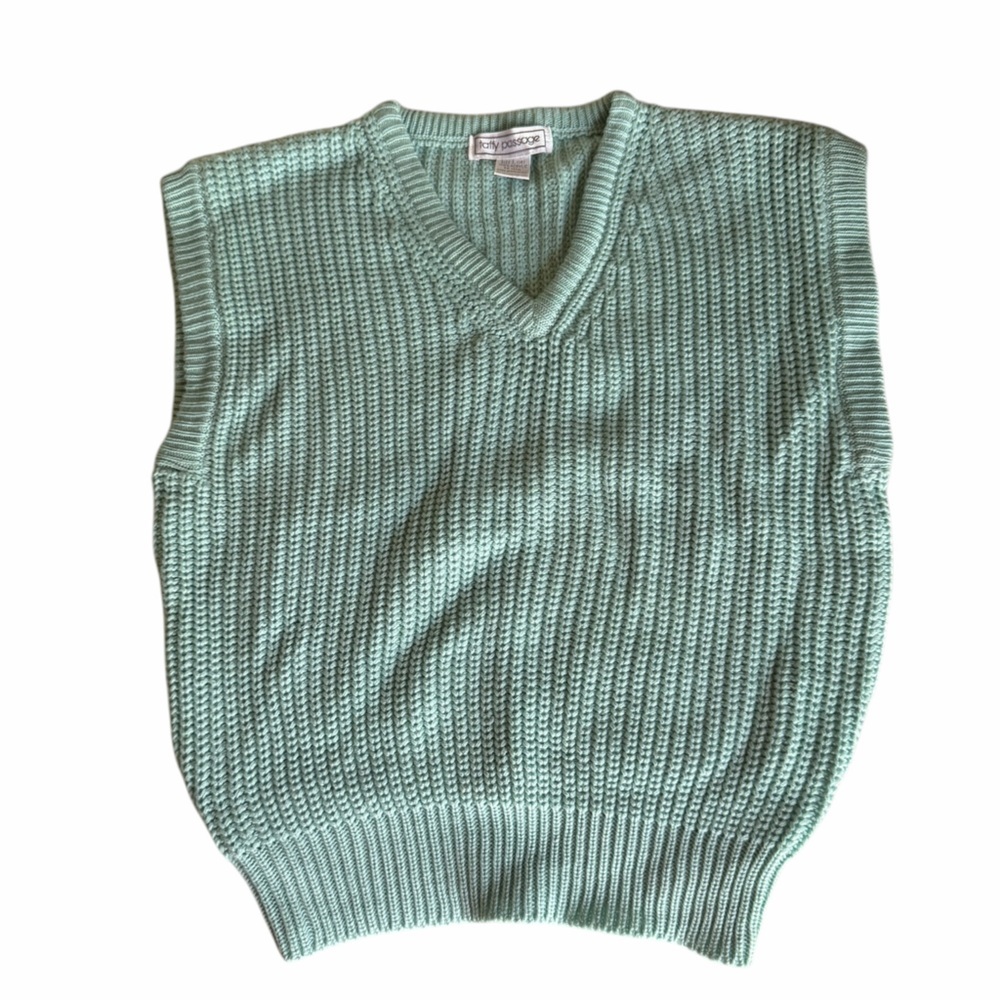 Vintage Blue Knit V-Neck Sweater Vest size Large Fits Modern Small Preppy
